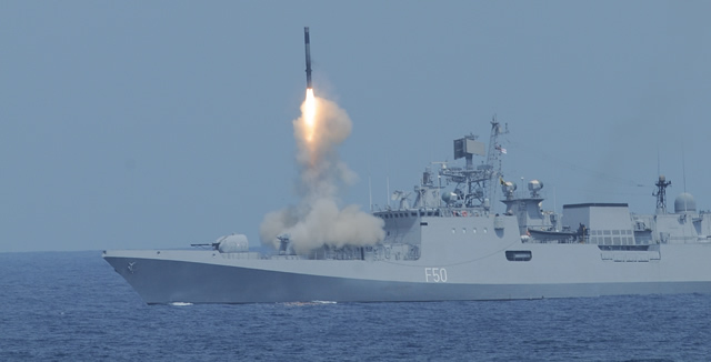 The BRAHMOS supersonic cruise missile was successfully test fired from the Indian Navy's newest guided missile frigate INS Tarkash off the coast of Goa ?? 22nd of May 2013. The missile performed high-level “C” maneuvere at pre-determined flight path and successfully hit the target. The surface-to-surface missile, having a range of 290-km, was test launched from the Russian-built Project 1135.6 class warship at 1100 hrs on the 22nd of May 2013.