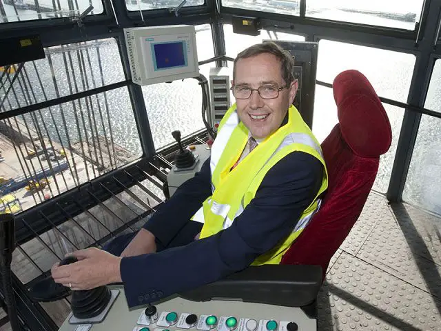 Defence Minister Peter Luff at the controls of crane Goliath as it prepares to lift the first section of one of the Royal Navy's new aircraft carriers into place 