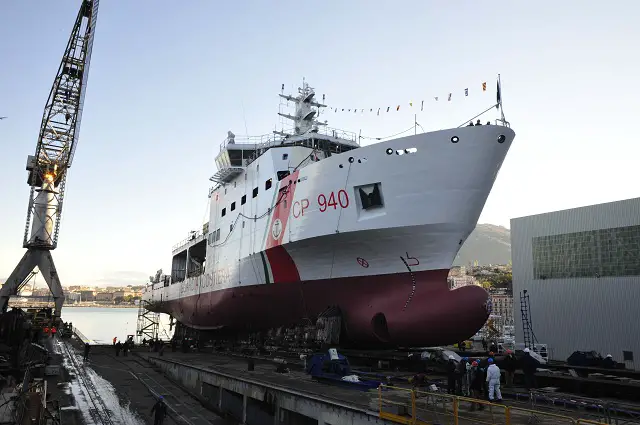 The first of two multi-purpose vessels commissioned from Fincantieri by the General Command of the Port Authority Corp for the Italian Coast Guard was launched today at Castellammare di Stabia (Naples). 