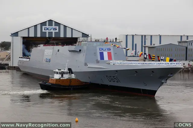 The Normandie FREMM Frigate, second ship of Aquitaine class is launched at DCNS shipyard in Lorient on October 18, 2012