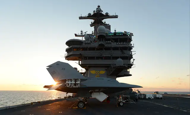 The X-47B Unmanned Combat Air System demonstrator (UCAS-D) completed its first ever carrier-based catapult launch from USS George H.W. Bush (CVN 77) off the coast of Virginia today. "Today we saw a small, but significant pixel in the future picture of our Navy as we begin integration of unmanned systems into arguably the most complex warfighting environment that exists today: the flight deck of a nuclear-powered aircraft carrier," said Vice Adm. David Buss, commander, Naval Air Forces, the Navy's "Air Boss".