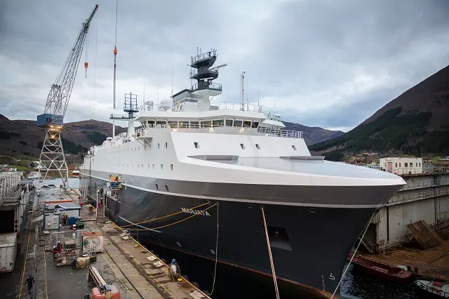 On December 6th, the Norwegian Prime Minister christined the new electronic signals intelligence (ELINT) "Marjata". The vessel, which will replace an existing one bearing the same name in 2016, will be operated by the Norwegian Intelligence Service. The christening took place at the shipyard Vard Langsten in Tomrefjord Romsdal.