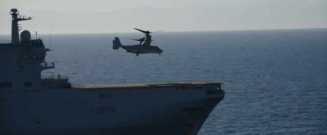 In January 2014 a United States Marine Corps (USMC) V22 Osprey landed for the first time onboard the Dixmude, a French Navy Mistral class LHD. The success of this experiment confirmed the full interoperability of Mistral class amphibious vessels with the means implemented by American Expeditionary Strike Groups. The French LHD are indeed fully interoperable with LCAC landing crafts, with heavy helicopters (Sikorsky CH53 Sea Stallion) and now with the Bell-Boeing V22 Opsrey tilt rotor aircraft.