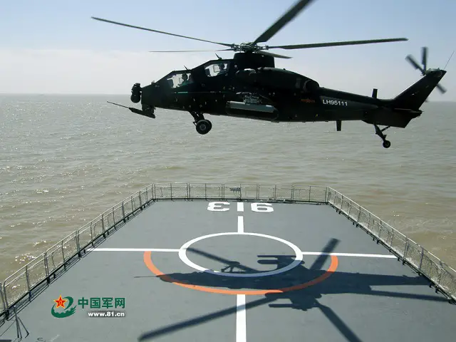中國軍隊（解放軍）發布呈現出的Z-10攻擊直升機進行甲板試驗在海上與中國海軍（PLAN）型072A級登陸艦（北約命名雨亭-III級）一些有趣的圖片。 據報導，這架直升機屬於南京軍區的第1軍第5直升機大隊，而該船是由海軍東海艦隊（舷號913“八仙山”）。