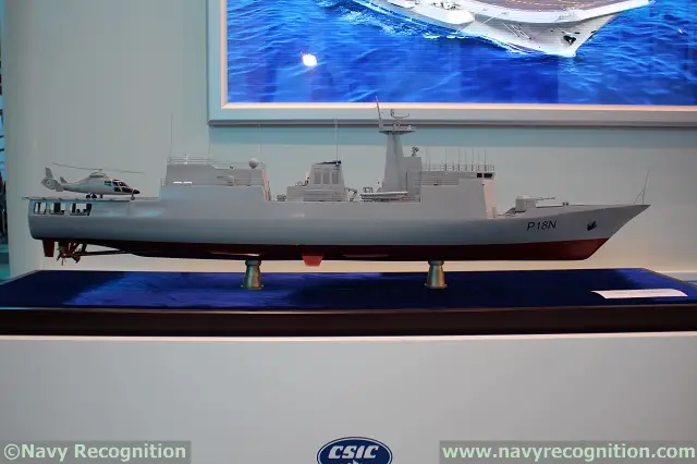 At AAD 2014 (Africa Aerospace and Defence Exhibition which took place from the 17 to 21 September in South Africa) the China Shipbuilding & Offshore International Company (CSOC) showcased its P18N Offshore Patrol Vessels (OPV) and its LPD/LHD design. The booth also featured a scale model of China's aircraft carrier Liaoning. CSOC is part of the part of the State Shipbuilding Corporation, China Shipbuilding Industry Corporation (CSIC).