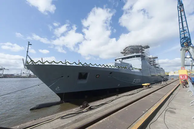 The second of a total of four 125 class frigates for the German Navy was christened "Nordrhein-Westfalen" last week at the Hamburg site of ThyssenKrupp Marine Systems. Following the christening of the first frigate "Baden-Württemberg" in December 2013 this is a further important milestone in the shipbuilding program for this frigate class. Hannelore Kraft, Premier of the German state of North Rhine-Westphalia after which the ship was named, performed the christening ceremony. The frigate "Nordrhein-Westfalen" is scheduled to be handed over to the German defense procurement agency BAAINBw in mid-2018. The contract for the four frigates is worth around two billion euros in total. 