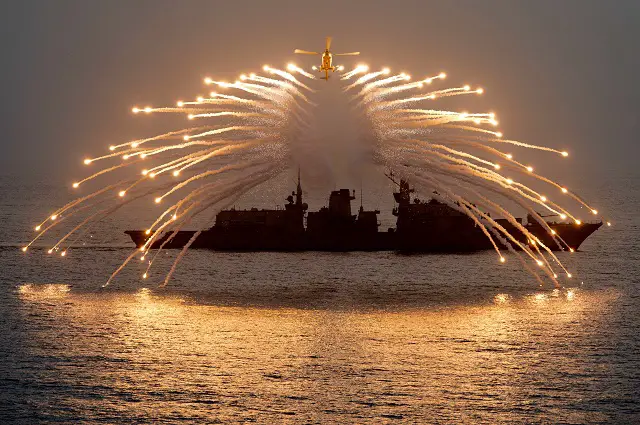 The Royal Navy released some stunning images showing the Lynx MK 8 helicopter from 815 Squadron, Royal Naval Air Station Yeovilton, litting up the night sky with her decoy flares as part of an exercise in the Indian Ocean.