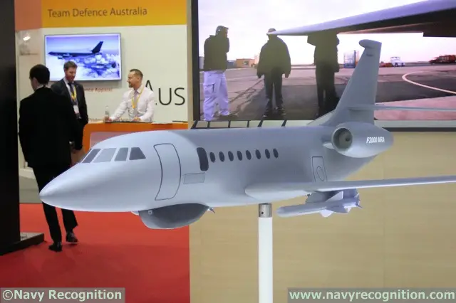 The Falcon 2000 MRA scale model at Dubai Air Show 2015 featured two Exocet anti-ship missiles, a surface search radar (under the fuselage in black), conformal sensors (represented by the grey rectangle above the radar dome), and a wide array of communication antennas (on top of the fuselage).