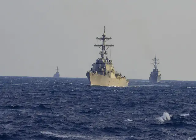 ATLANTIC OCEAN (Jan. 22, 2015) The guided-missile destroyers USS Laboon (DDG 58), USS McFaul (DDG 74), and USS Farragut (DDG 99) conduct a strait transit exercise with the Arleigh Burke-class guided-missile destroyer USS Winston S. Churchill (DDG 81). Churchill is underway conducting a composite training unit exercise with the Theodore Roosevelt Carrier Strike Group in preparation for an upcoming deployment. (U.S. Navy photo by Senior Chief Culinary Specialist Rodney Davidson/Released)