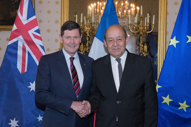 The Chief of Royal Australian Navy, Vice Admiral Tim Barrett, and Australia's Defense Minister, the Honorable Kevin Andrews (pictured here with France's Defense Minister) visited TKMS shipyard in Germany and DCNS submarine shipyard in France. 