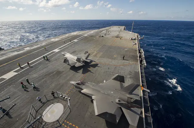 Two F-35C Lightning II carrier variants conducted their first arrested landings aboard USS Dwight D. Eisenhower (CVN 69) off the coast of the eastern United States on Oct. 2. U.S. Navy test pilots Cmdr. Tony "Brick" Wilson and LT Chris "TJ" Karapostoles landed F-35C test aircraft CF-03 and CF-05, respectively, aboard USS Eisenhower's flight deck. The arrested landing is part of the F-35's two week at-sea Developmental Testing (DT-II) phase.