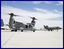 A U.S. Marine Corps MV-22B Osprey descended on Edwards to link up with a Marine F-35B Joint Strike Fighter April 28. Both aircraft are assigned to Marine Operational Test & Evaluation Squadron 22 (VMX-22) out of Marine Corps Air Station Yuma in Arizona. VMX-22 has a detachment here where Marines are testing and evaluating their version of the JSF, which is the short take-off and vertical landing variant.