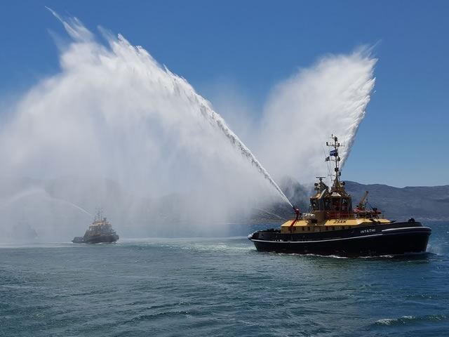 On 4 February 2016 the South African Navy took delivery of a second South African-built Damen ATD Tug 2909 at the naval base in Simon’s Town. Escorted by SA Navy's existing six tugs, Inyathi was welcomed into the naval fleet with a traditional sail past.