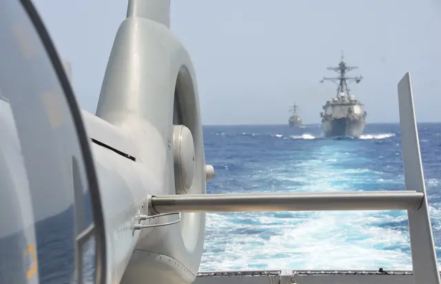 In another example of the high interoperability between the French Navy (Marine Nationale) and the US Navy, the Horizon-class AAW Destroyer Forbin (classified as "Frigate" in the French Navy) is currently at the head of a combined mission with US Navy Arleigh Burke-class destroyers USS Roosvelt (DDG 80) and USS Mason (DDG 87) with the occasional presence of Ticonderoga-class guided-missile cruiser USS Monterey (CG-61) as well.