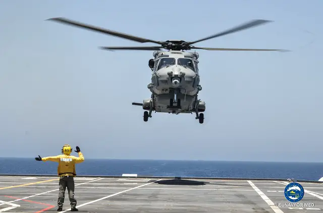 One NH90 NFH and one AB-212NLA helicopters of the Italian Navy have embarked on Board ITS GARIBALDI , operation SOPHIA’s Flagship, to increase EUNAVFOR MED air capabilities after the departure of other air assets on board. The two newly embarked helicopters enhance ship’s capability to conduct Intelligence, Surveillance and Recognition mission in the area of operations.