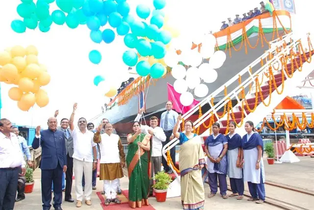 In a new chapter in Indo-Mauritian Defence Co-operation, Mrs Smita Parsekar, wife of Hon’ble Chief Minister Shri Laxmikant Parsekar launched the First Fast Patrol Vessel, MCGS VICTORY (50 meter length) designed and built in house by Goa Shipyard Limited for Mauritius Coast Guard on 29th Feb 2016 at GSL in an impressive ceremony. 