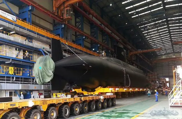 Pictures have emerged showing Indonesian Navy's (TNI AL) first Type 209/1200 Chang Bogo Class diesel electric submarine (SSK) derivative out of the construction hall at DSME (Daewoo Shipbuilding & Marine Engineering Co., Ltd) shipyard in South Korea.