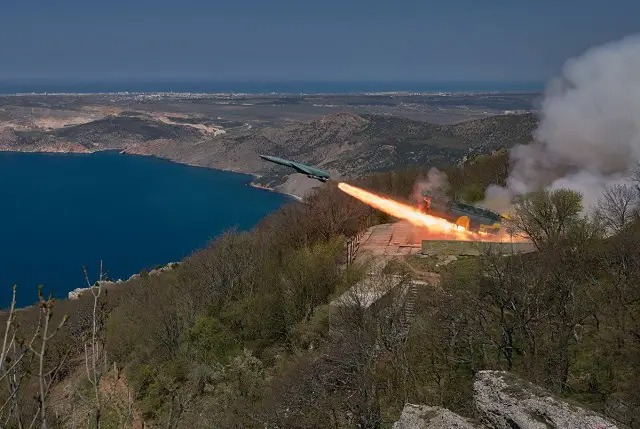 Russia Black Sea Fleet 4K44 Utyos coastal missile crew fires live weapon on practice target