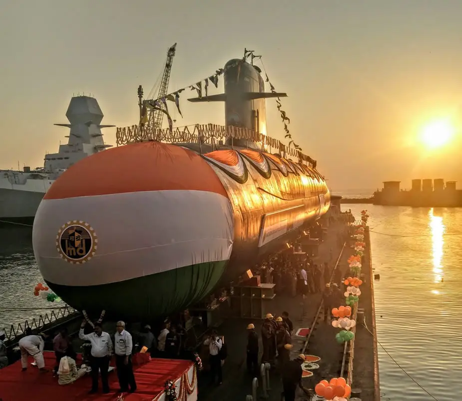 Indias Third Scorpene Submarine Karanj Launched at MDL Shipyard 1