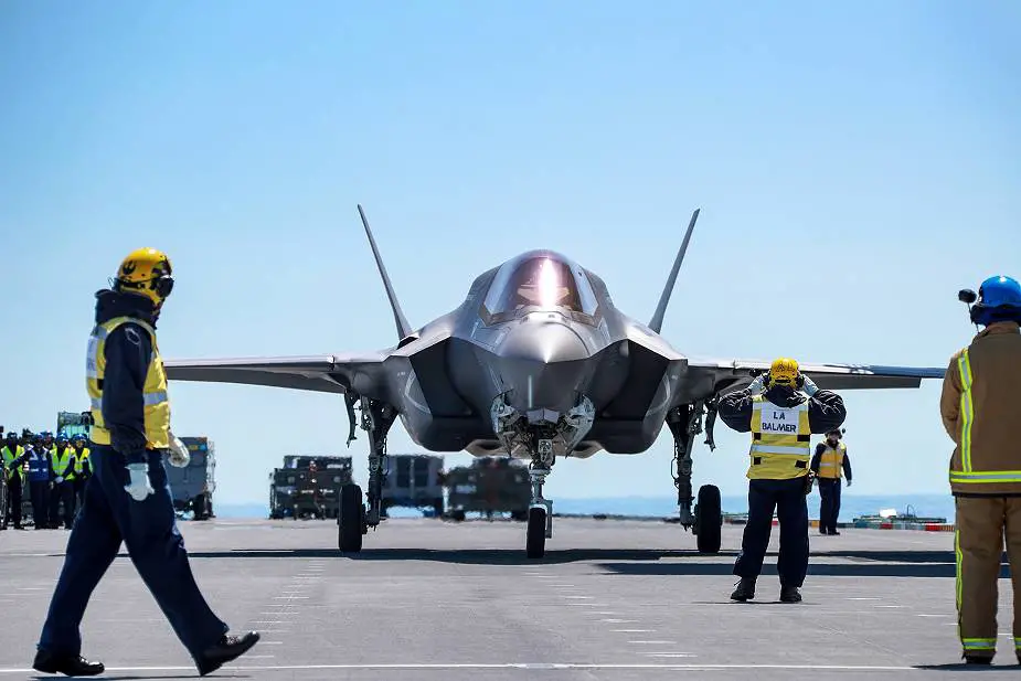 F 35B fighter on British Navy aircraft carrier HMS Queen Elizabeth ready for Carrier Strike operations 925 001