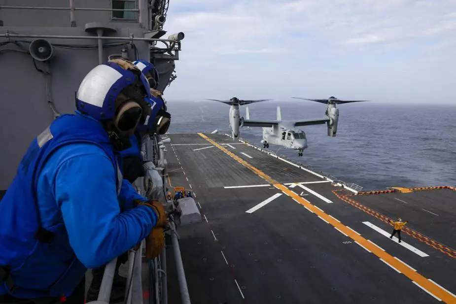 US Navy USS Wasp LHD 1 conducts flight operations on sea with MV 22 Osprey tiltrotor aircraft 925 001