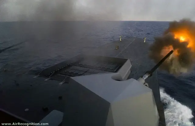 Chevalier Paul Destroyer firing at targets on the libyan coast with its two 76mm OTO Melara guns