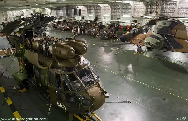 French Army Eurocopter Tigre, Puma and Gazelle helicopters inside French Navy's Mistral BPC deck