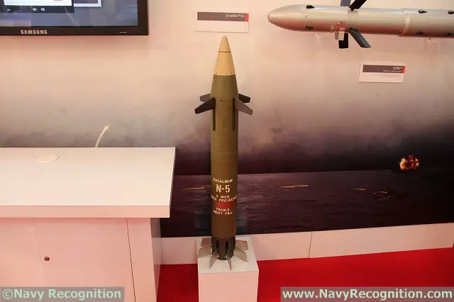 At Euronava 2014, Raytheon is showcasing for the first time the naval version of its combat proven Excalibur precision-guided projectile: The Excalibur N5. Retaining all the capabilities of the land version, the N5 has been adapted to be fired from a 5-inch (127mm) naval gun with a range of 50 kilometers and an average miss distance of 2 meters.