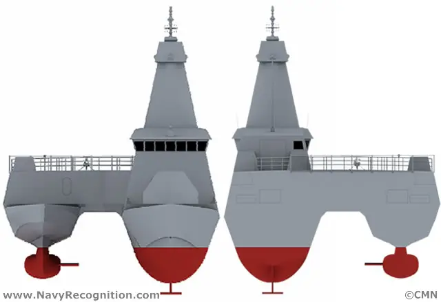 The Combattante SWAO 53 is revolutionary stealth ship concept by CMN with a unique outrigger hull design, fitted with a large capable of accommodating both helicopters and UAVs. SWAO stands for "Small waterplane area outrigger". 
