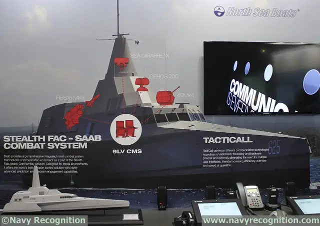 At DSA 2014, the 14th Defence Services Asia Exhibition and Conference currently held in Kuala Lumpur (Malaysia), Indonesian shipyard North Sea Boats (PT. Lundin) and Saab are showing an updated model of the 63m FMPV Trimaran design ordered by the Indonesian navy. 