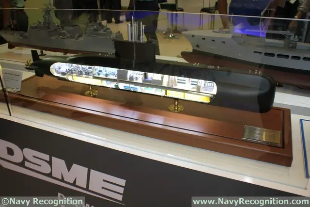 DSME is also showcasing a model of the 1400 class SSK. DSME announced on March 24 that the first of three DSME1400 class submarines it is building for the Indonesian Navy has been launched at its Okpo Shipyard. 