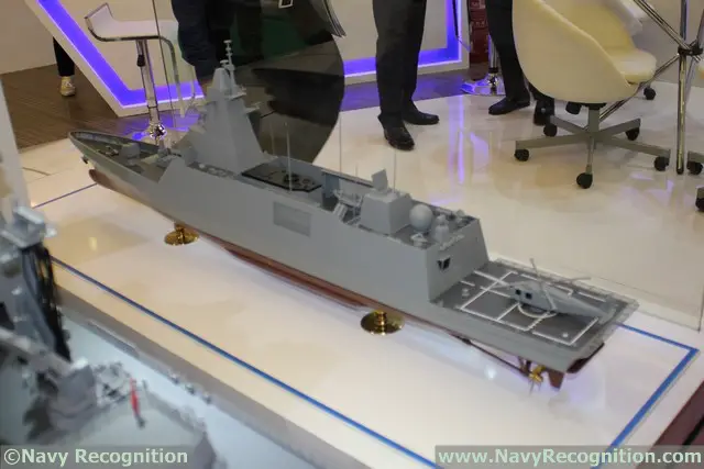 DSME is also showing at DSA the DW3000 Frigate selected by the Royal Thai Navy. The displacement is about 3,700 tons. Navy Recognition learned that the keel laying will take place in mid-May 2016 and delivery is expected for March 2018. A second unit may be ordered but Thailand may order 3 submarines from China instead. The model on display shows a 76mm main gun, Phalanx CIWS, Harpoon launchers, Saab SeaGiraffe radar and Atlas Electronik towed sonar.