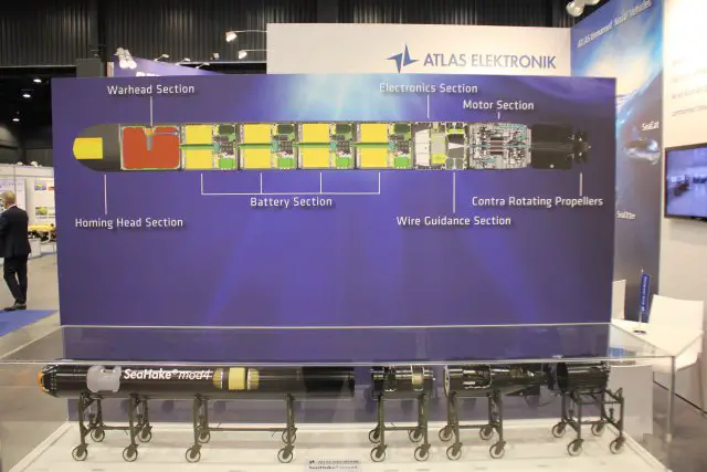 German company Atlas Elektronik showcasing its heavy torpedo: The SeaHake mod4 at Balt Military Expo held in AmberExpo in Gdansk, Poland from June 20 th to 22th. 