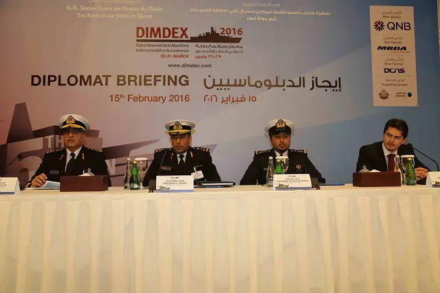 With the fifth Doha International Maritime Defence Exhibition and Conference (DIMDEX 2016) fast approaching on29 to 31 March, the Qatar Armed Forces held a briefing session for ambassadors, defence attachés, sponsors and the media at the Diplomatic Club, Doha. Attendees gained an update and overview on the different components of the forthcoming show and received detailed organisational information for the smooth participation of delegates.