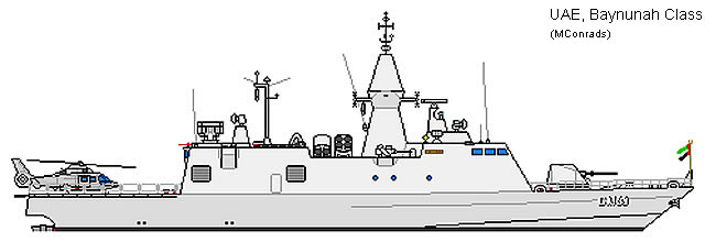 The UAE Navy's Baynunah Class corvettes were developed by French company CMN based on their Combattante BR70 design. The leadship was built in France by CMN shipyard while the 5 remaining ships of the class were built locally by Abu Dhabi Ship Building. While light in displacement (right below 1,000 tons) the Baynunah class are heavily armed for their class. Designed for coastal warfare, these corvettes may also conduct blue water operations. 