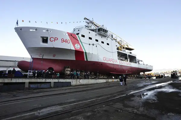 The first of two multi-purpose vessels commissioned from Fincantieri by the General Command of the Port Authority Corp for the Italian Coast Guard was launched today at Castellammare di Stabia (Naples). 