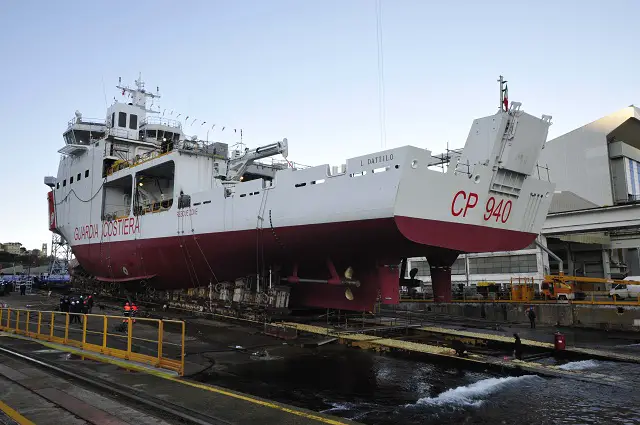 The first of two multi-purpose vessels commissioned from Fincantieri by the General Command of the Port Authority Corp for the Italian Coast Guard was launched today at Castellammare di Stabia (Naples). 