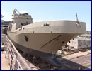 Recent images show the Russian Navy Project 11711 Ivan Gren tank landing ship in degaussing operations at the Yantar Shipyard in Kaliningrad. Degaussing or deperming is a procedure for erasing the permanent magnetism from ships and submarines to camouflage them against magnetic detection vessels and marine mines.