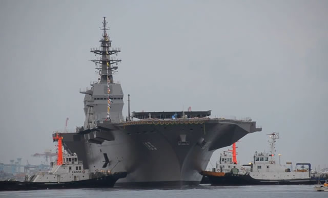 The Japan Maritime Self Defense Force (JMSDF) helicopter carrier DDH138 Izumo was commissioned today in Yokosuka naval base according to a statement on the JMSDF website. Izumo will become the flagship of the JMSDF fleet and is the largest warship built by Japan since World War II. The 248-meter-long and 19,500-ton helicopter carrier was unveiled for the first time in August 2013 in Yokohama.