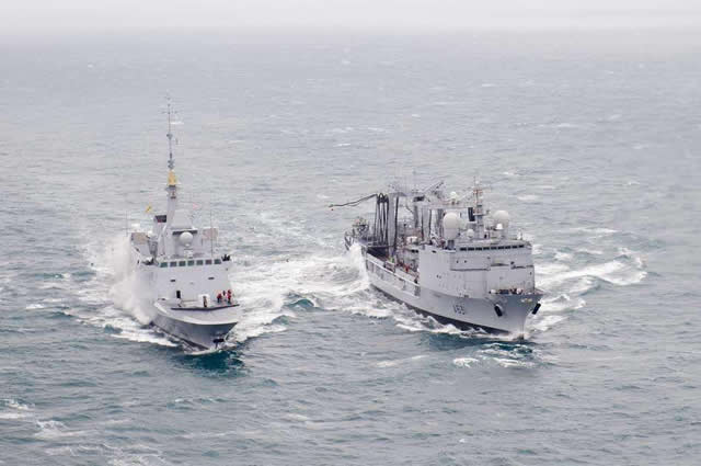 On January 22, 2013 French Navy Frigate Aquitaine, first ship in the new class of FREMM Frigates conducted its first Underway Replenishement (UNREP)/Replenishment at Sea (RAS) while participating in a naval exercise involving two more Frigates and a Durance class AOR. 