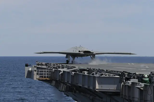 The X-47B Unmanned Combat Air System demonstrator (UCAS-D) completed its first ever carrier-based catapult launch from USS George H.W. Bush (CVN 77) off the coast of Virginia today. "Today we saw a small, but significant pixel in the future picture of our Navy as we begin integration of unmanned systems into arguably the most complex warfighting environment that exists today: the flight deck of a nuclear-powered aircraft carrier," said Vice Adm. David Buss, commander, Naval Air Forces, the Navy's "Air Boss".