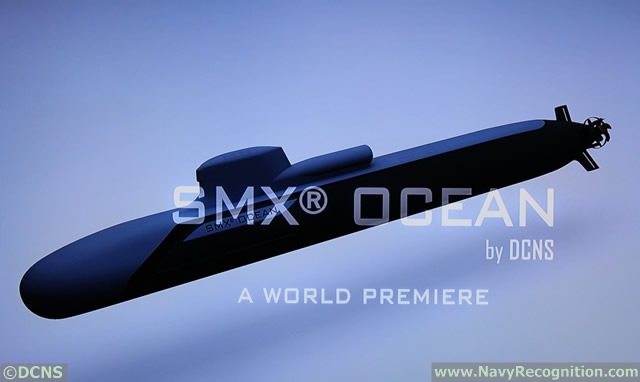 Navy Recognition learned that DCNS will introduce a new submarine concept at Euronaval 2014 which be held from October 27th to 31st at Paris Le Bourget in France. The SMX OCEAN is based on a Barracuda hull, the next generation SSN of the French Navy, fitted with a conventional propulsion system (SSK) with AIP technology.