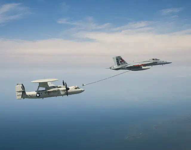An E-2C performs an aerial refueling flight test with an F/A-18 at NAS Patuxent River. PMA-231 plans to equip the E-2D with this capability to extend its mission endurance. U.S. Navy photo by Liz Wolter