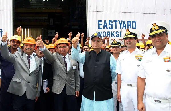 Hon’ble Raksha Mantri Shri Arun Jaitley accompanied by Admiral RK Dhowan Chief of the Naval Staff visited Mazagon Docks Limited, Mumbai on 27 Aug 14 and reviewed the progress of the Project 75 (Indigenous submarine construction) as well as the other ongoing warship building projects including P-15 B class stealth destroyers . 