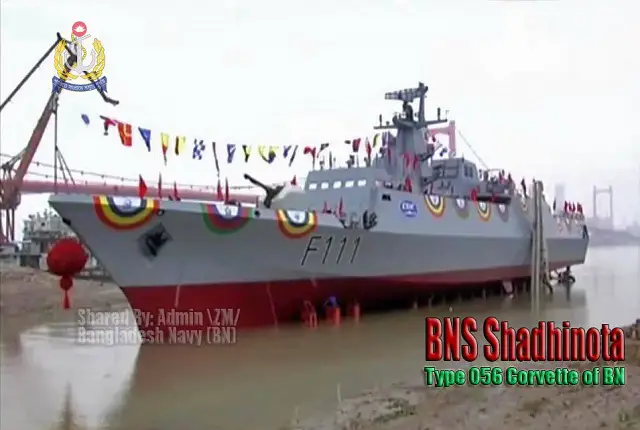 A new corvette ordered by the Bangladesh Navy was delivered today at the China Shipbuilding & Offshore International Company (CSOC)'s Wuchang Shipyard in Wuhan, China. CSOC is part of the part of the State Shipbuilding Corporation, China Shipbuilding Industry Corporation (CSIC). The corvette nammed Shadhinota (meaning "Independent") with hull number F111 is based on the Chinese Navy Type 056 Corvette (Jiangdao class).