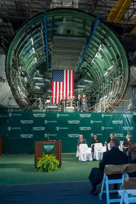 With weld shields in place and sparks flying, Newport News Shipbuilding, a division of Huntington Ingalls Industries, hosted a keel-laying ceremony Saturday for the future USS Washington (SSN 787), a Virginia-class submarine named for the Evergreen State.