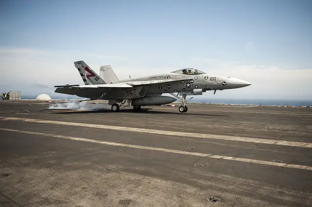 ATLANTIC OCEAN (April 20, 2015) An F/A-18E Super Hornet attached to Air Test and Evaluation Squadron (VX) 23 lands on the flight deck of the aircraft carrier USS George H.W. Bush (CVN 77). George H.W. Bush is conducting training exercises in the Atlantic Ocean. (U.S. Navy photo by Mass Communication Specialist Seaman Christopher D. Gaines/Released)