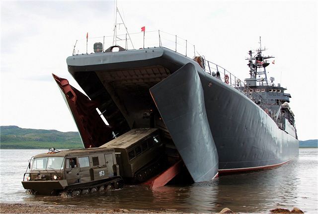 The Northern Fleet Saint George and Kondopoga Project 775M Ropucha-II class tank landing ships of the Russian Navy arrived in Dudinka port and transported servicemen and hardware including new TTM-4902PS-10 all-terrain tracked vehicles. The goal of the exercise is to train in the defence of important industrial facility located in the Arctic zone. 