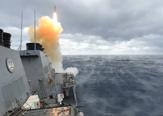 ATLANTIC OCEAN (Feb. 6, 2015) The Arleigh Burke-class guided-missile destroyer USS Laboon (DDG 58) launches an SM-2 missile during a training exercise. Laboon is underway for a composite training unit exercise (COMPTUEX) with the Theodore Roosevelt Carrier Strike Group in preparation for an upcoming scheduled deployment. (U.S. Navy photo by Mass Communication Specialist 3rd Class Michael J. Lieberknecht/Released)
