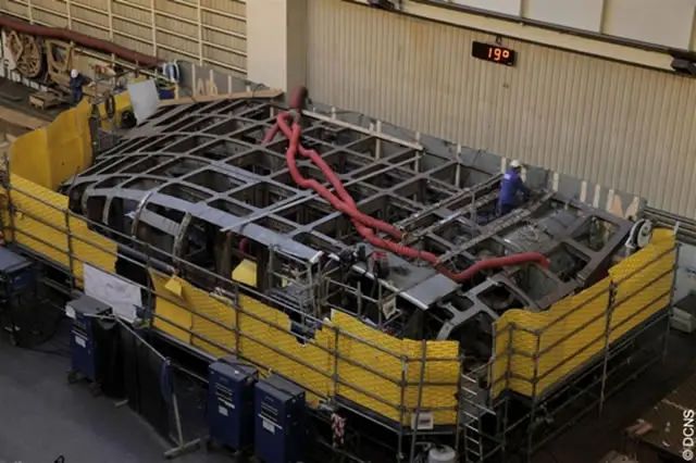 The sail of Suffren, the first Barracuda type submarine, under construction at the DCNS shipyard in Cherbourg, Normandie. French Navy picture courtesy of DCNS.